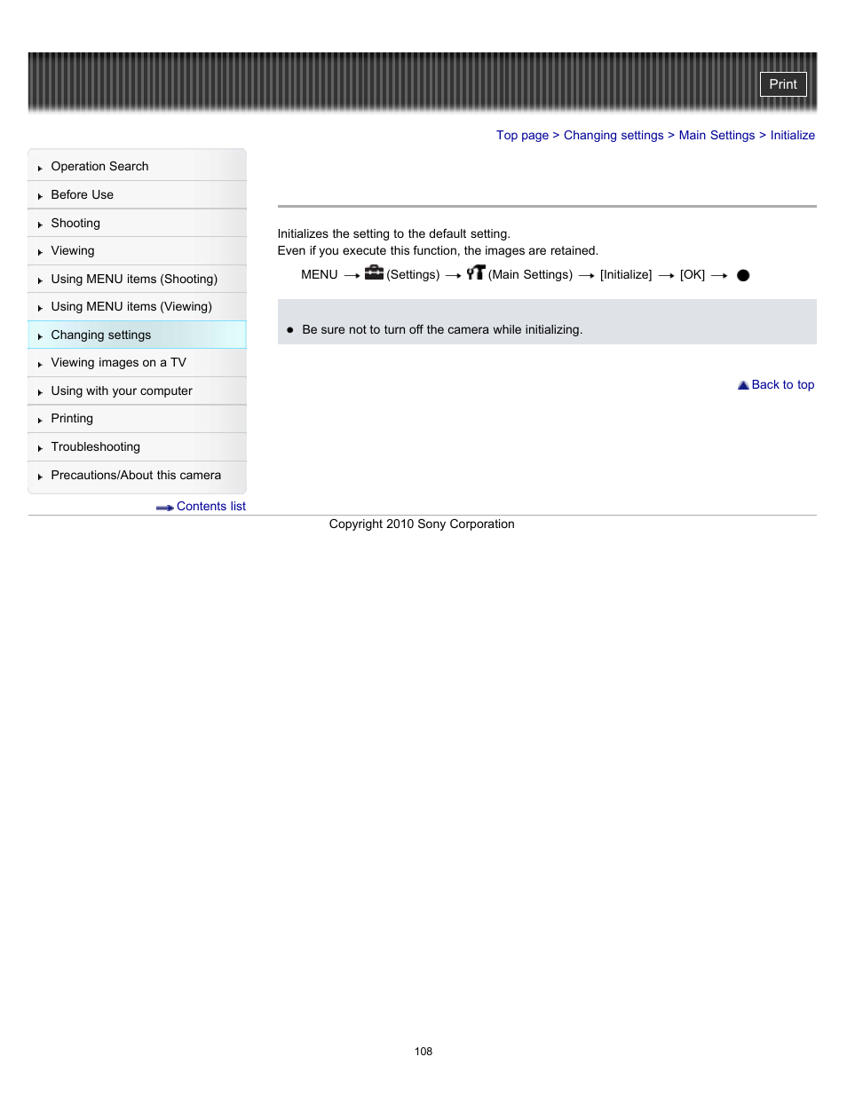 Initialize | Sony DSC-W530 User Manual | Page 108 / 167