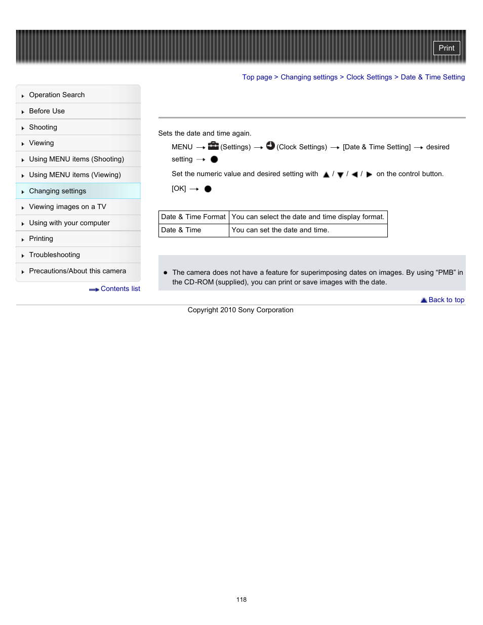 Date & time setting | Sony DSC-W530 User Manual | Page 118 / 167