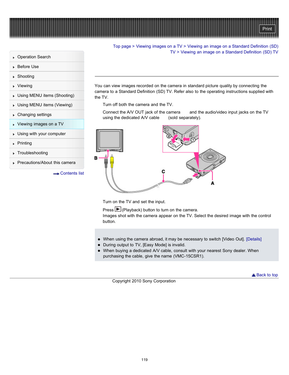 Viewing an image on a standard definition (sd) tv | Sony DSC-W530 User Manual | Page 119 / 167