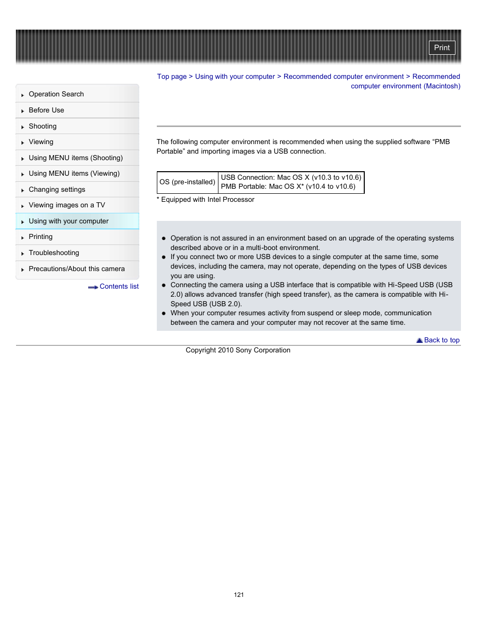 Recommended computer environment (macintosh) | Sony DSC-W530 User Manual | Page 121 / 167