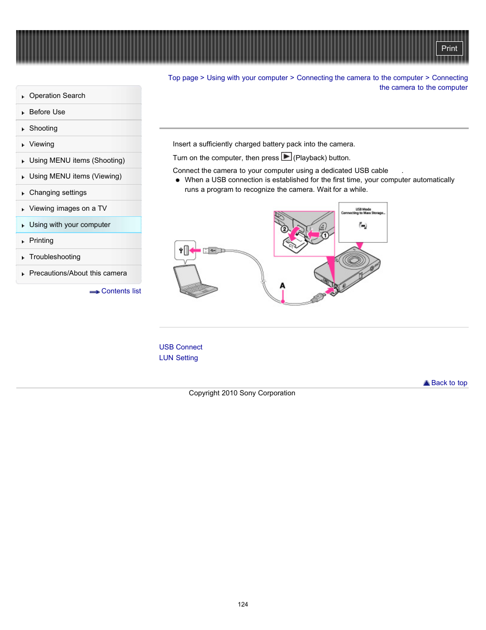 Connecting the camera to the computer, Details | Sony DSC-W530 User Manual | Page 124 / 167