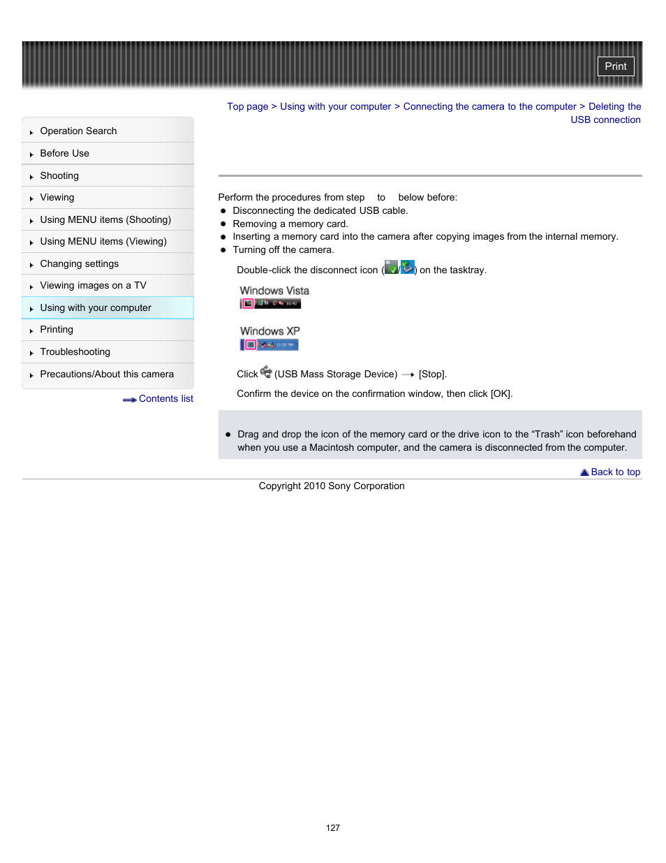 Deleting the usb connection | Sony DSC-W530 User Manual | Page 127 / 167