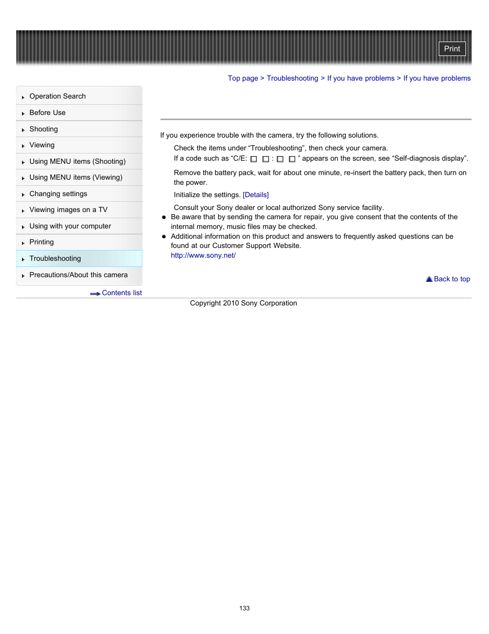 If you have problems | Sony DSC-W530 User Manual | Page 133 / 167