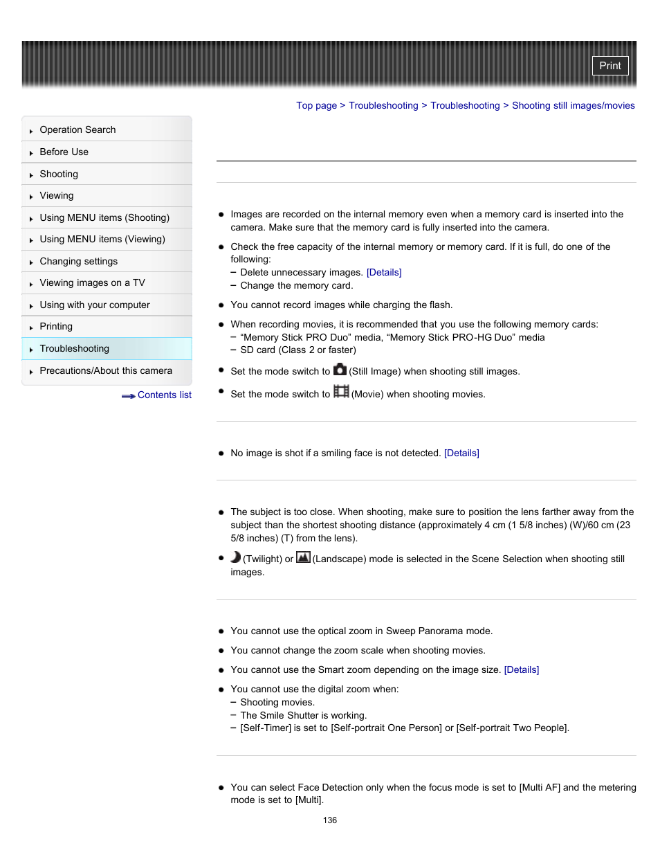 Shooting still images/movies | Sony DSC-W530 User Manual | Page 136 / 167