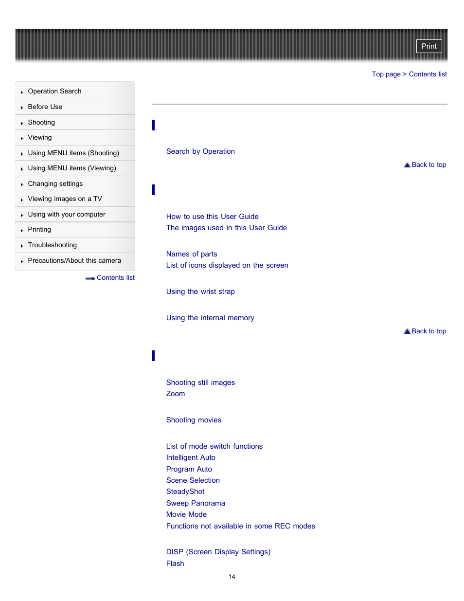 Contents list | Sony DSC-W530 User Manual | Page 14 / 167