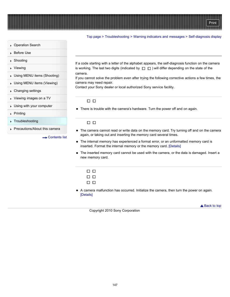 Self-diagnosis display | Sony DSC-W530 User Manual | Page 147 / 167