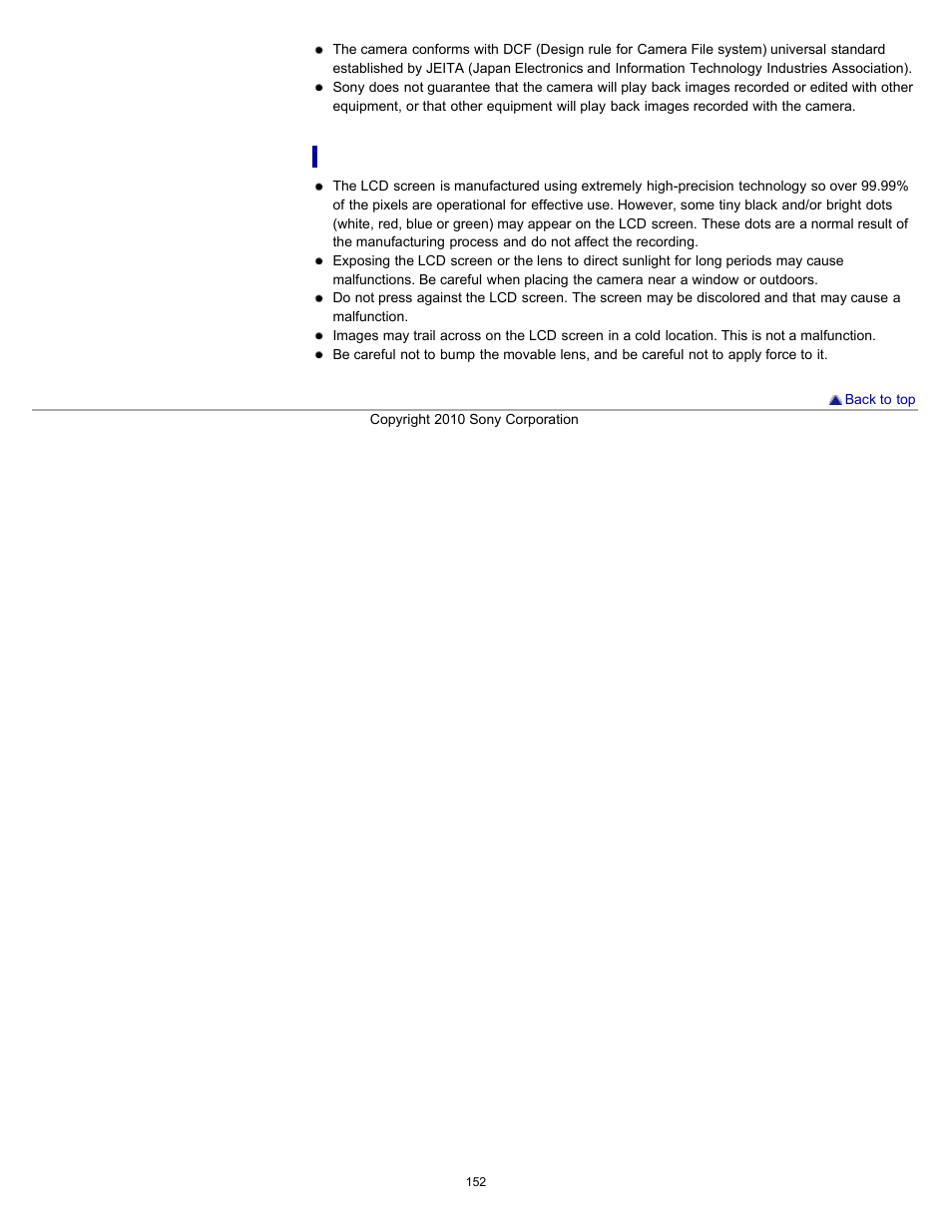 Notes on the lcd screen and lens | Sony DSC-W530 User Manual | Page 152 / 167