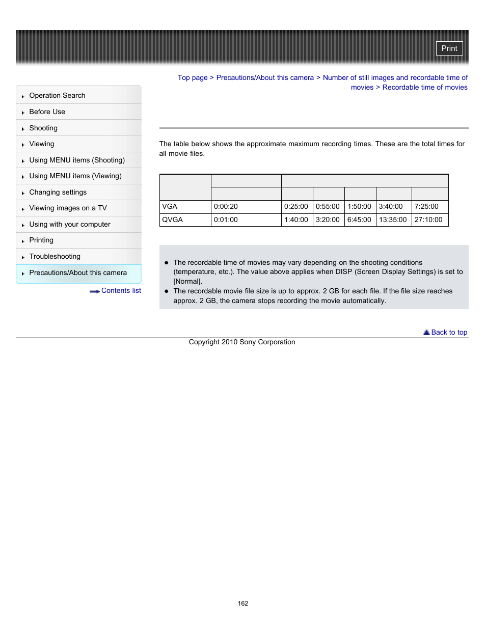 Recordable time of movies | Sony DSC-W530 User Manual | Page 162 / 167