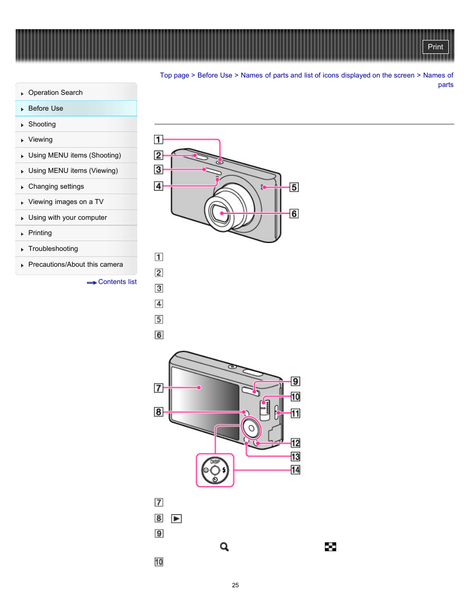 Names of parts | Sony DSC-W530 User Manual | Page 25 / 167