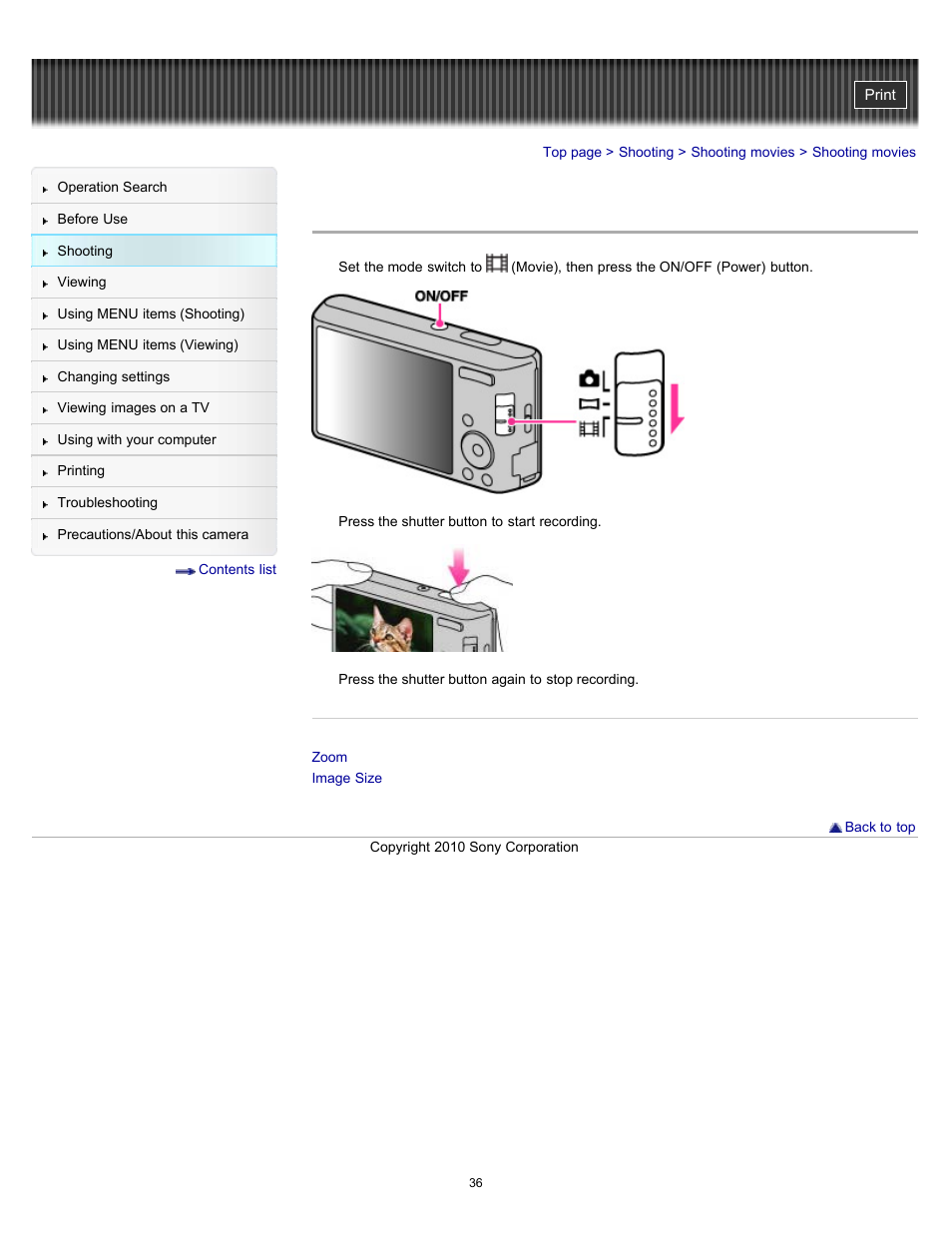 Shooting movies | Sony DSC-W530 User Manual | Page 36 / 167