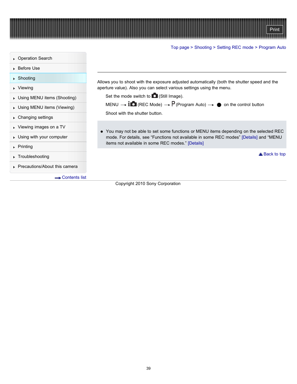 Program auto | Sony DSC-W530 User Manual | Page 39 / 167