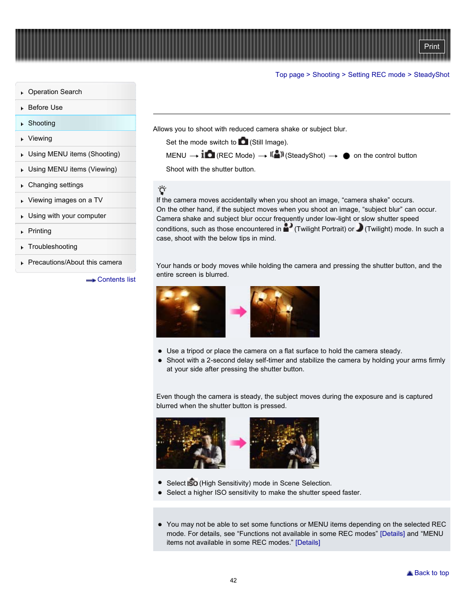 Steadyshot | Sony DSC-W530 User Manual | Page 42 / 167