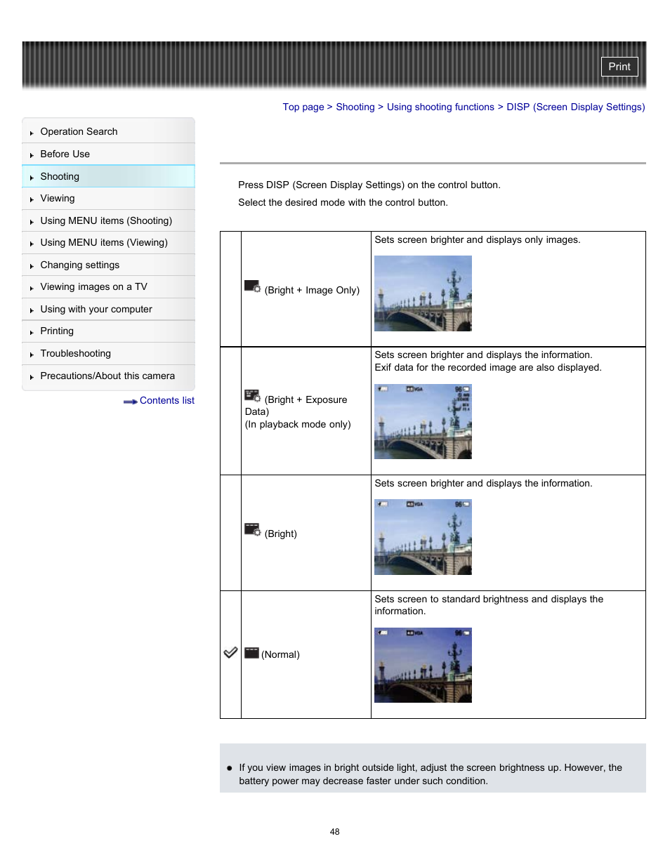 Disp (screen display settings) | Sony DSC-W530 User Manual | Page 48 / 167