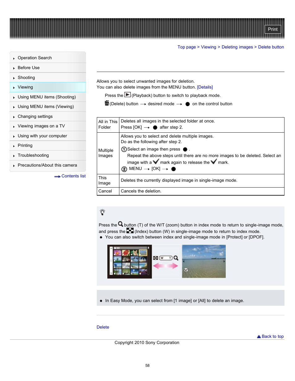 Delete button | Sony DSC-W530 User Manual | Page 58 / 167