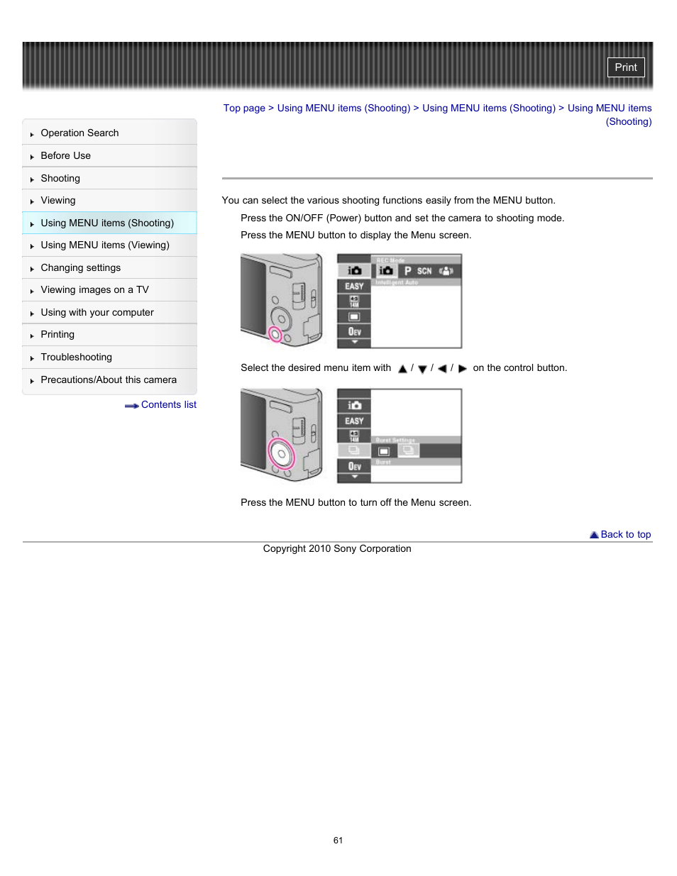 Using menu items (shooting) | Sony DSC-W530 User Manual | Page 61 / 167