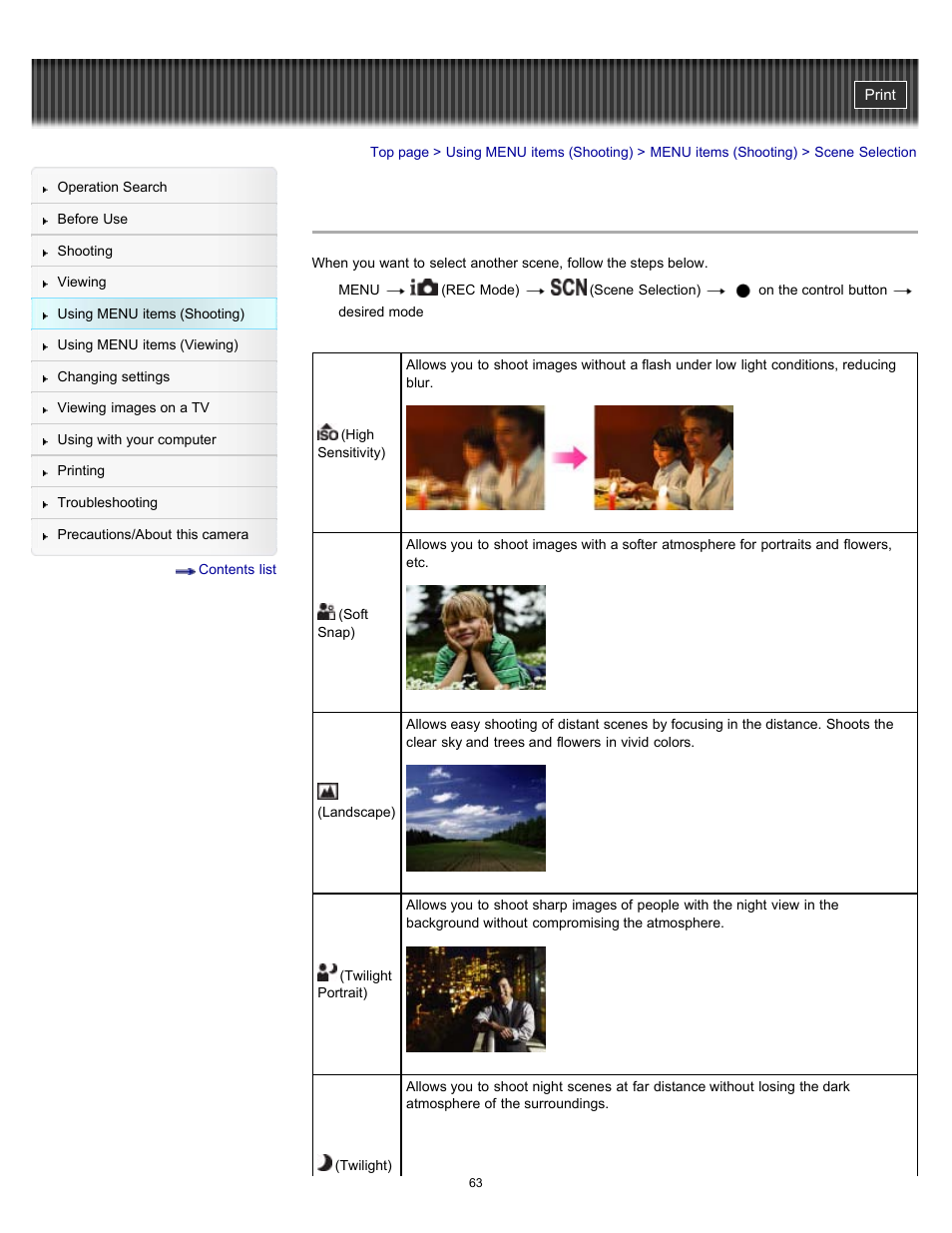 Scene selection | Sony DSC-W530 User Manual | Page 63 / 167