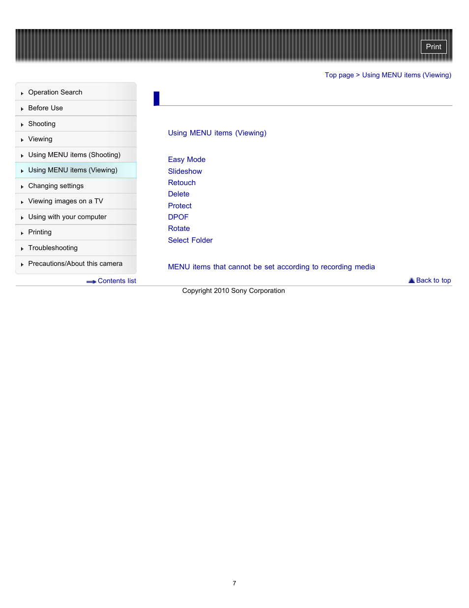 Using menu items (viewing) | Sony DSC-W530 User Manual | Page 7 / 167