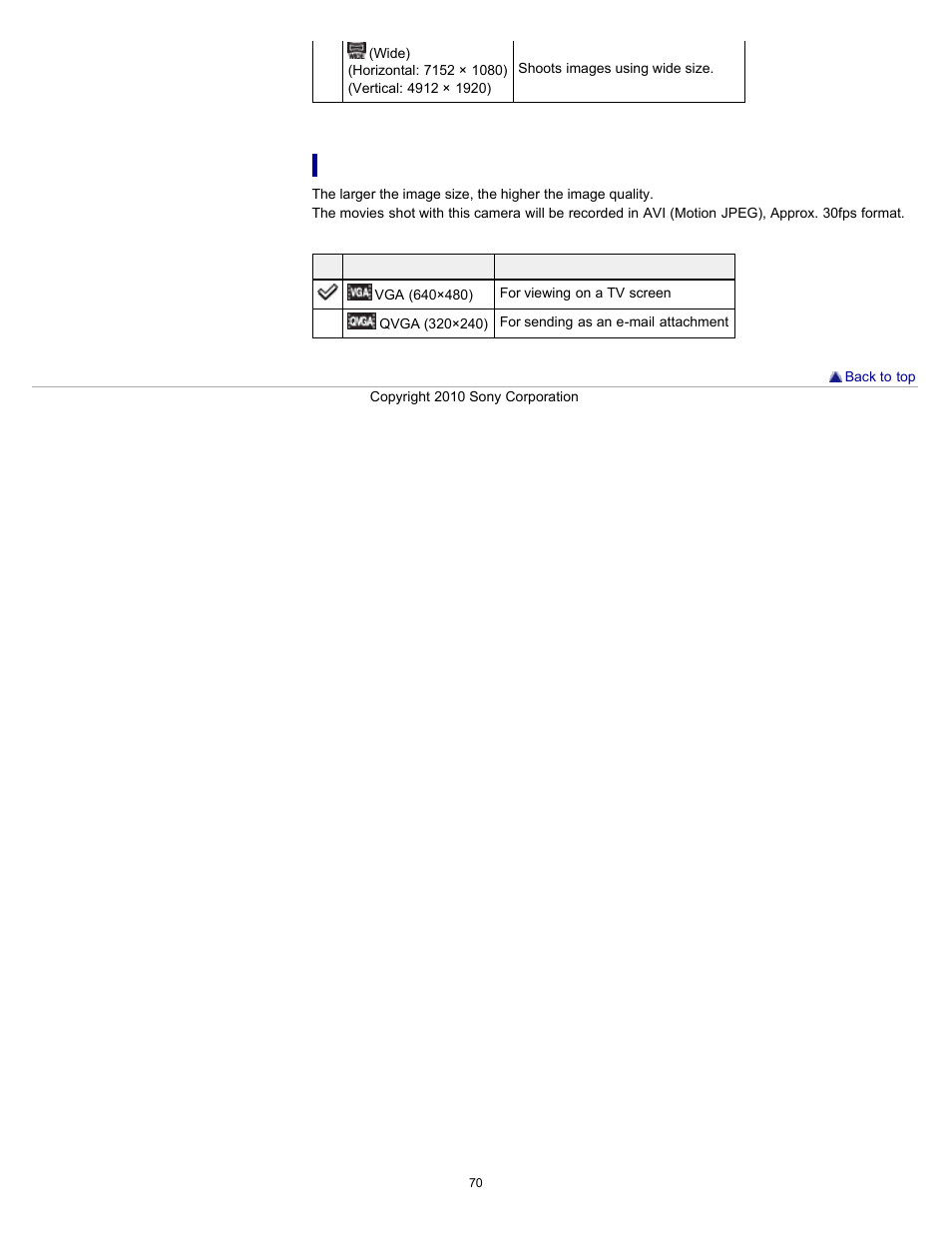 Image size when shooting movies | Sony DSC-W530 User Manual | Page 70 / 167