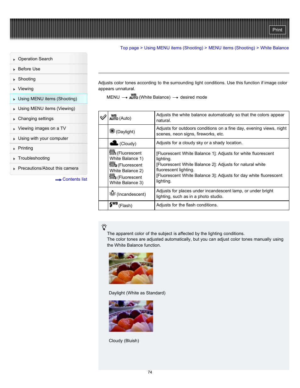 White balance | Sony DSC-W530 User Manual | Page 74 / 167