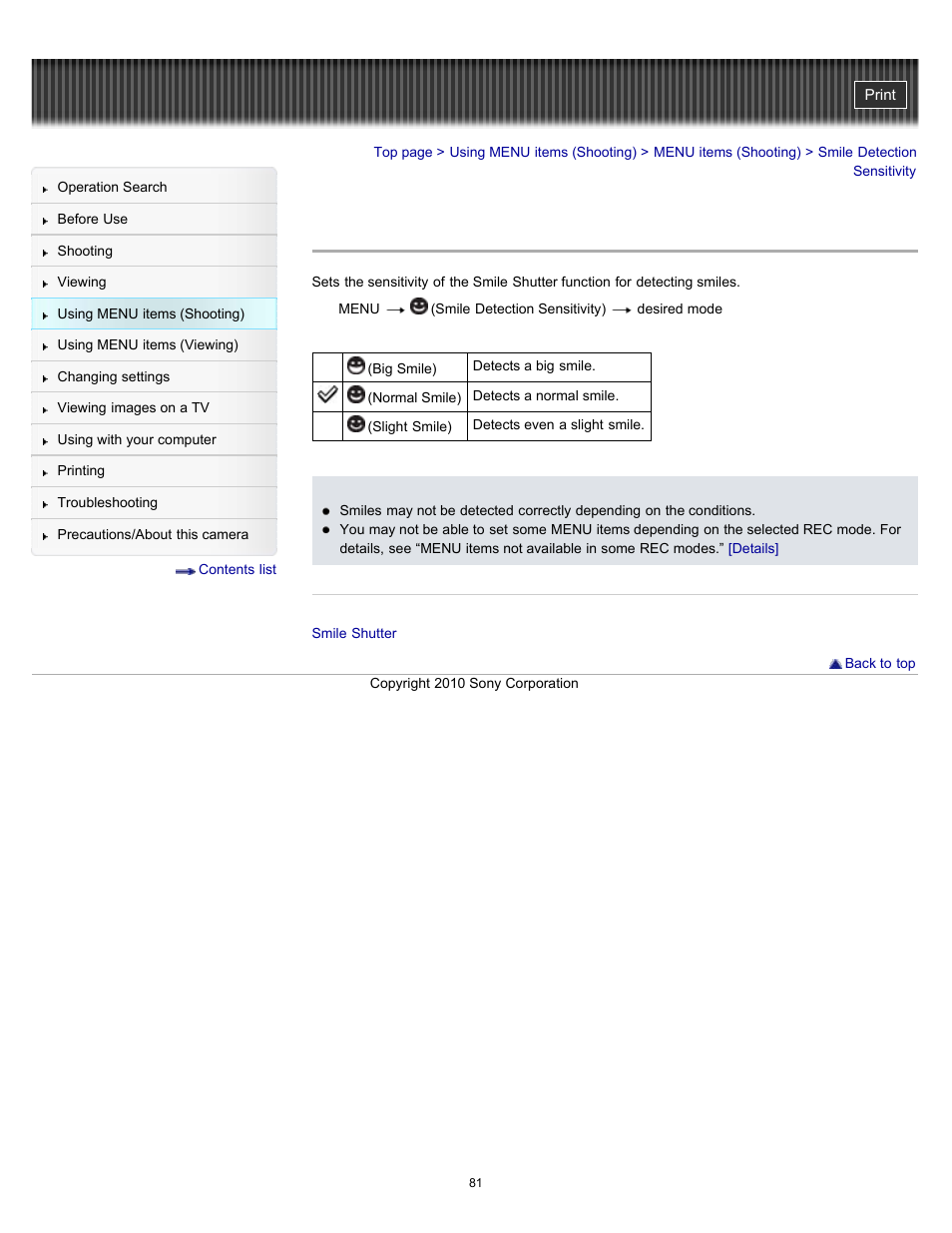 Smile detection sensitivity | Sony DSC-W530 User Manual | Page 81 / 167