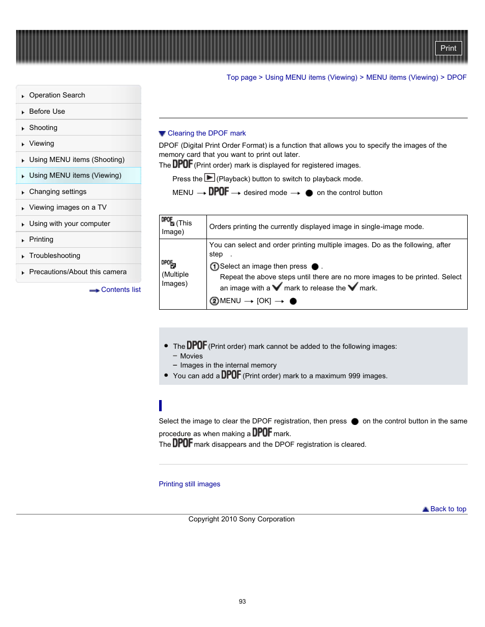 Dpof | Sony DSC-W530 User Manual | Page 93 / 167