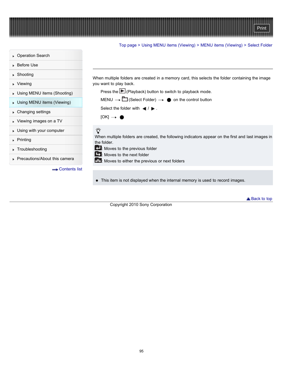 Select folder | Sony DSC-W530 User Manual | Page 95 / 167