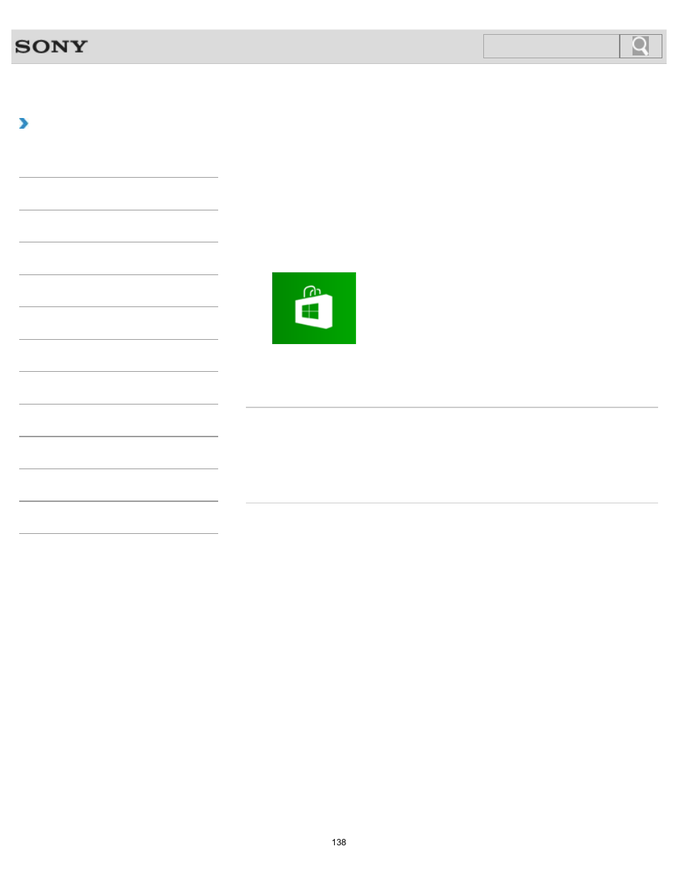 Installing apps from windows store, How to use, Search | Sony SVT151190X User Manual | Page 138 / 399