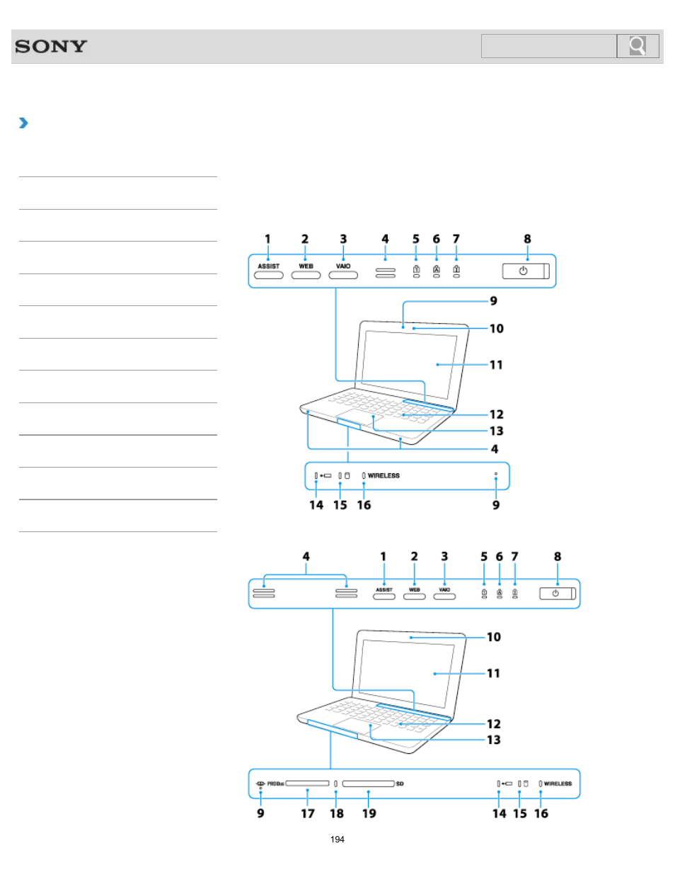 Parts and controls on the front, How to use, Search | Sony SVT151190X User Manual | Page 194 / 399