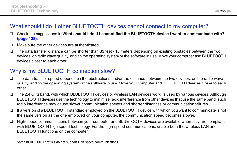 Why is my bluetooth connection slow | Sony VPCCA390X User Manual | Page 139 / 166