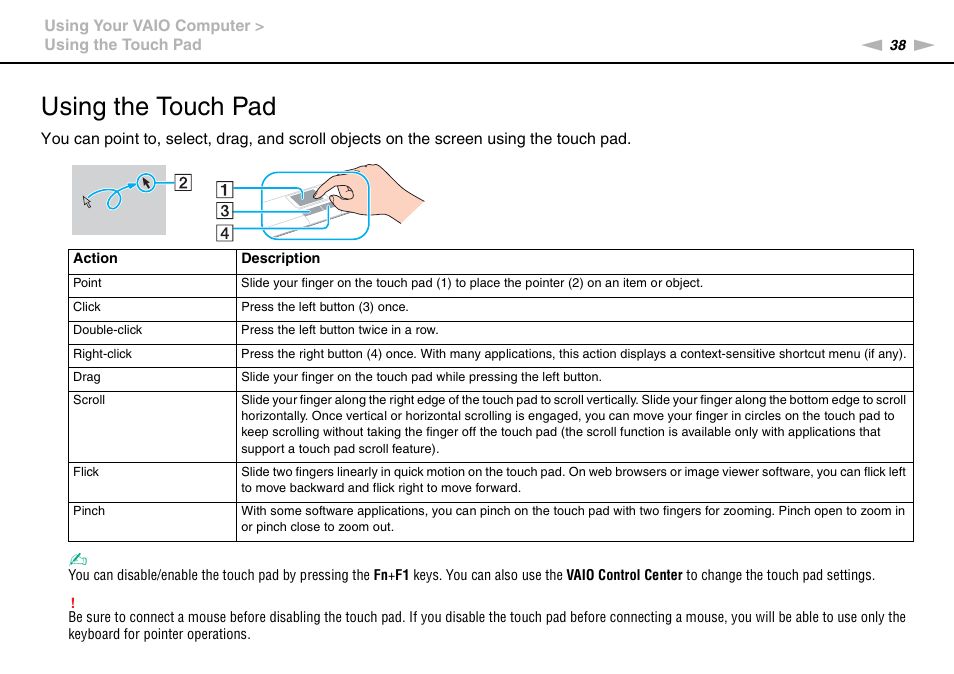 Using the touch pad | Sony VPCCA390X User Manual | Page 38 / 166