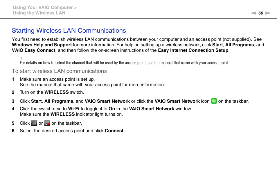 Starting wireless lan communications | Sony VPCCA390X User Manual | Page 66 / 166