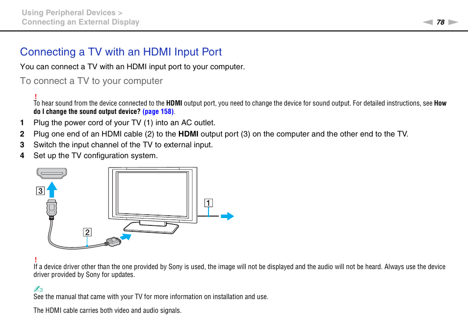 Connecting a tv with an hdmi input port | Sony VPCCA390X User Manual | Page 78 / 166