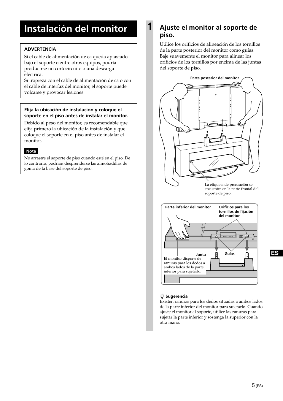 Instalación del monitor, Ajuste el monitor al soporte de piso | Sony SU-XFQ005 User Manual | Page 27 / 32