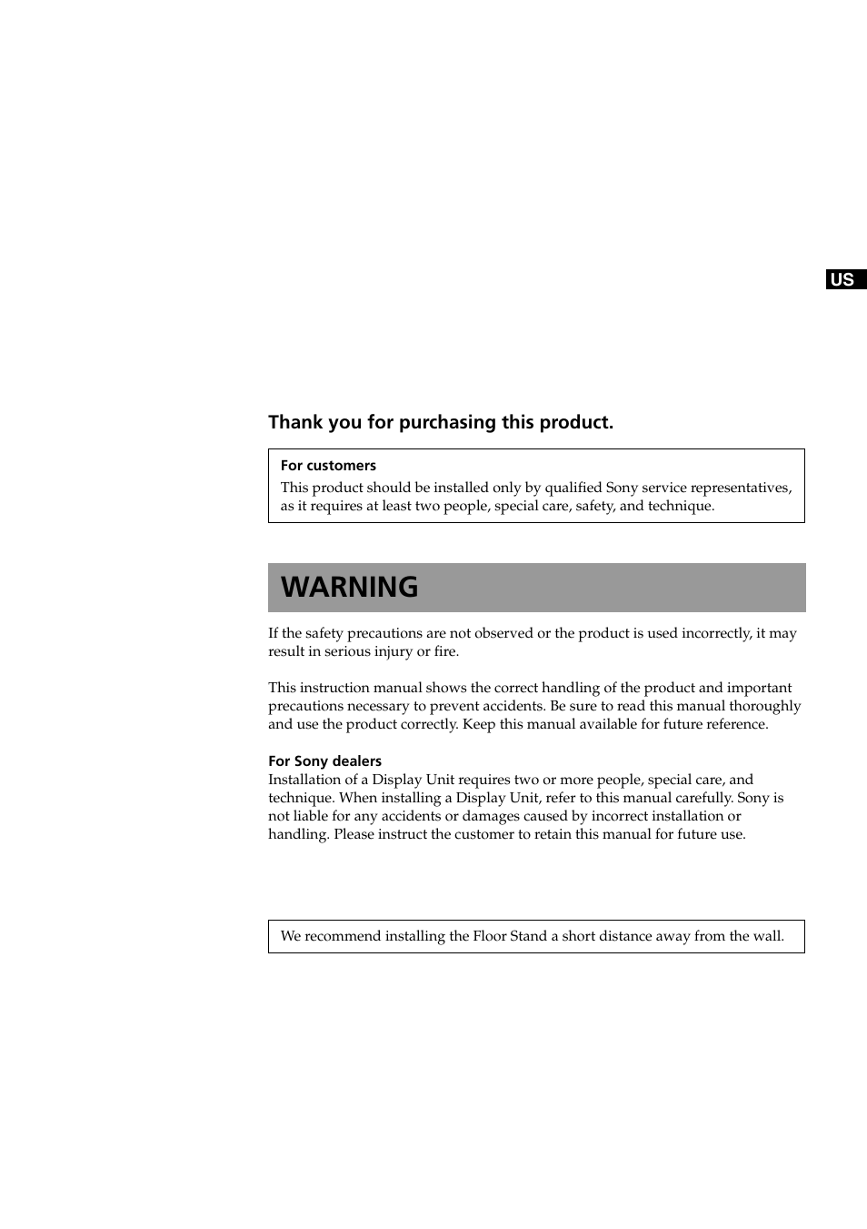 Warning | Sony SU-XFQ005 User Manual | Page 3 / 32