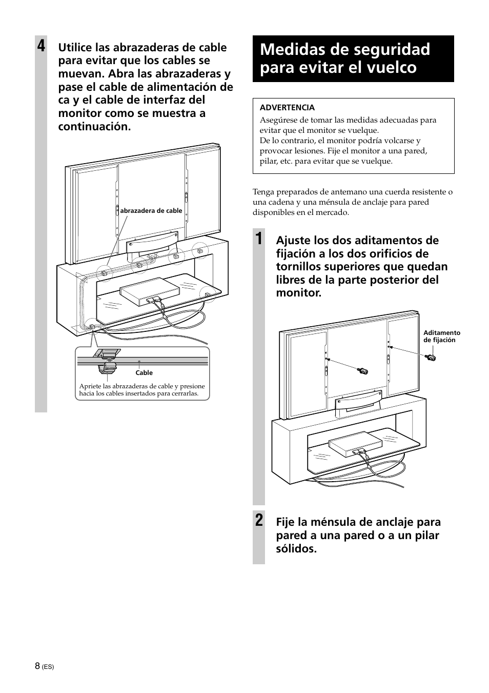 Medidas de seguridad para evitar el vuelco | Sony SU-XFQ005 User Manual | Page 30 / 32