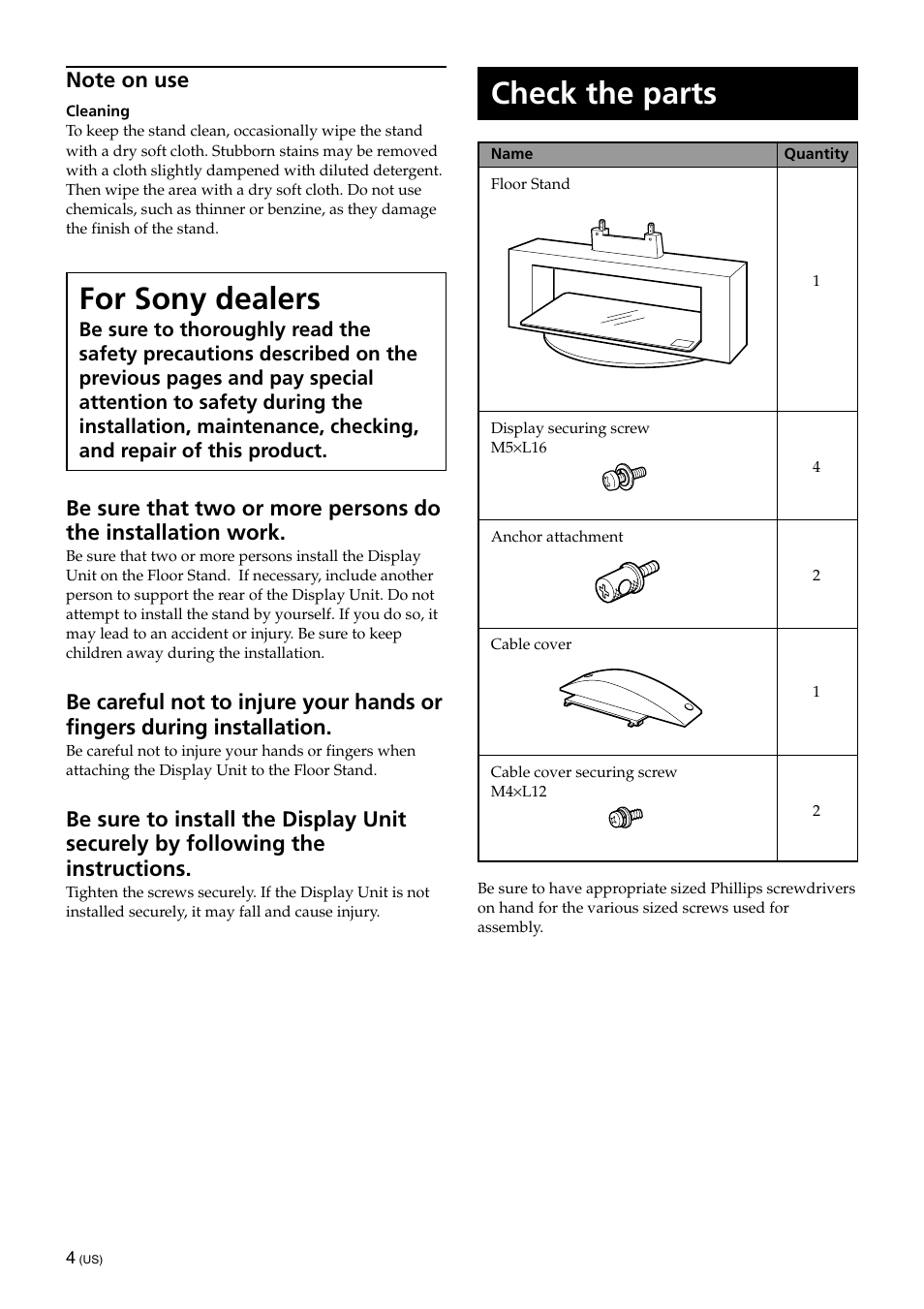 Instructions, Check the parts, For sony dealers | Sony SU-XFQ005 User Manual | Page 6 / 32