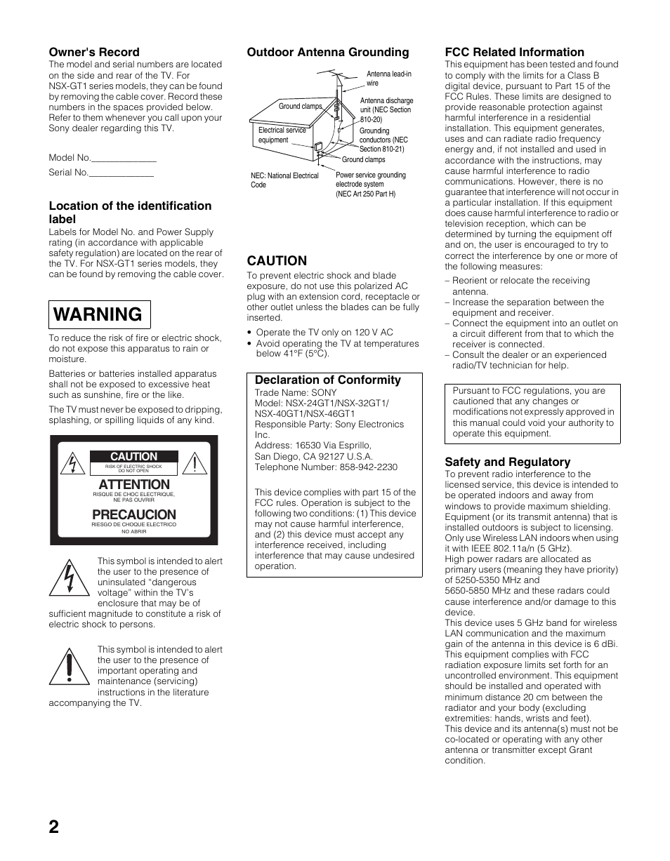 Warning, Attention, Precaucion | Caution, Owner's record, Location of the identification label, Outdoor antenna grounding, Fcc related information, Safety and regulatory, Declaration of conformity | Sony NSX-24GT1 User Manual | Page 2 / 12