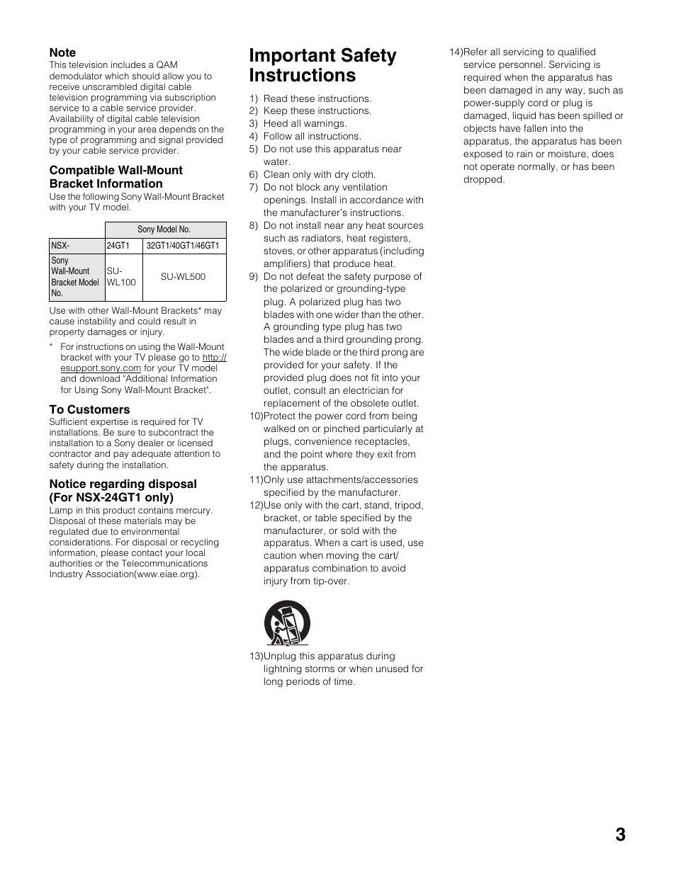 Important safety instructions | Sony NSX-24GT1 User Manual | Page 3 / 12