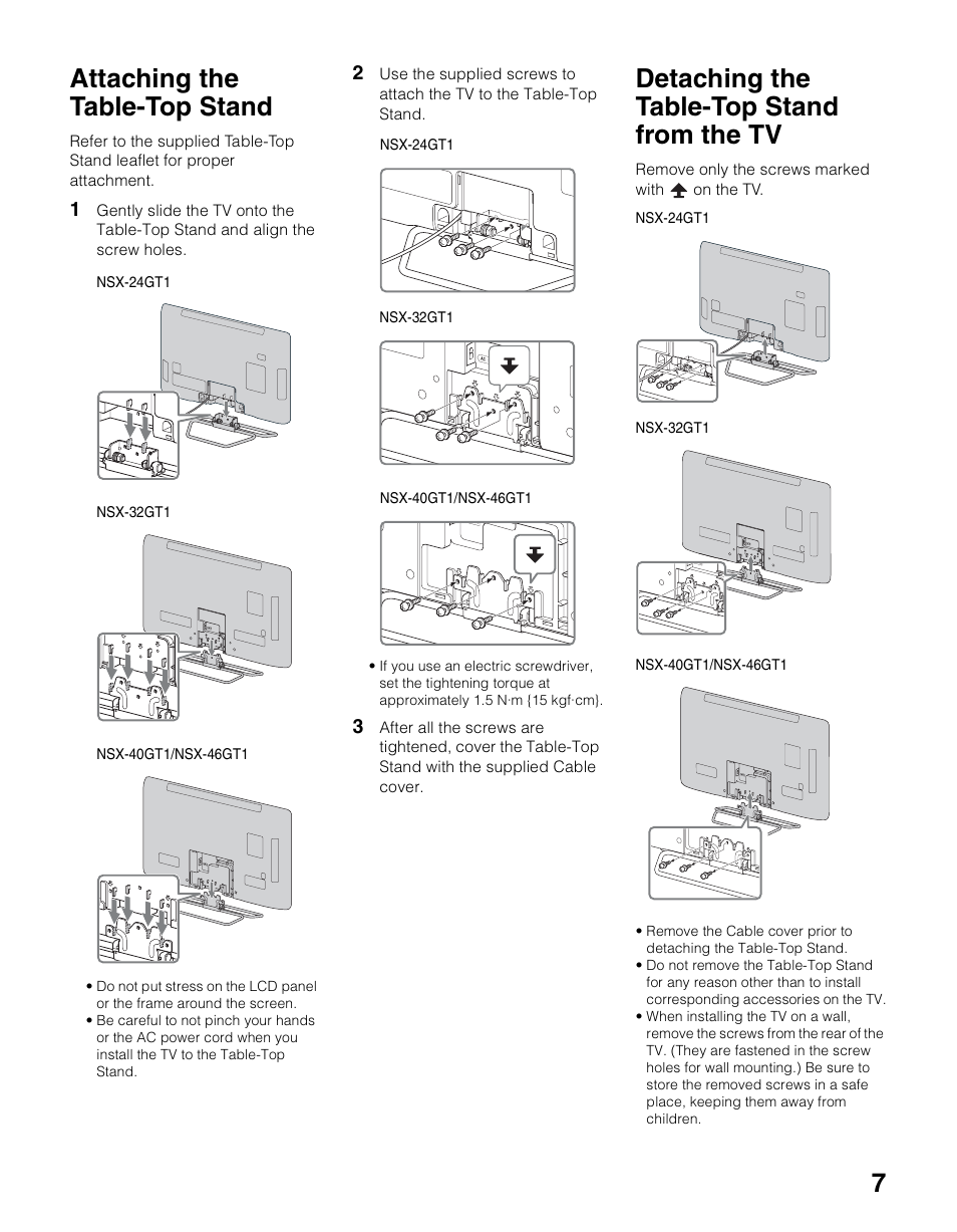 7attaching the table-top stand, Detaching the table-top stand from the tv | Sony NSX-24GT1 User Manual | Page 7 / 12