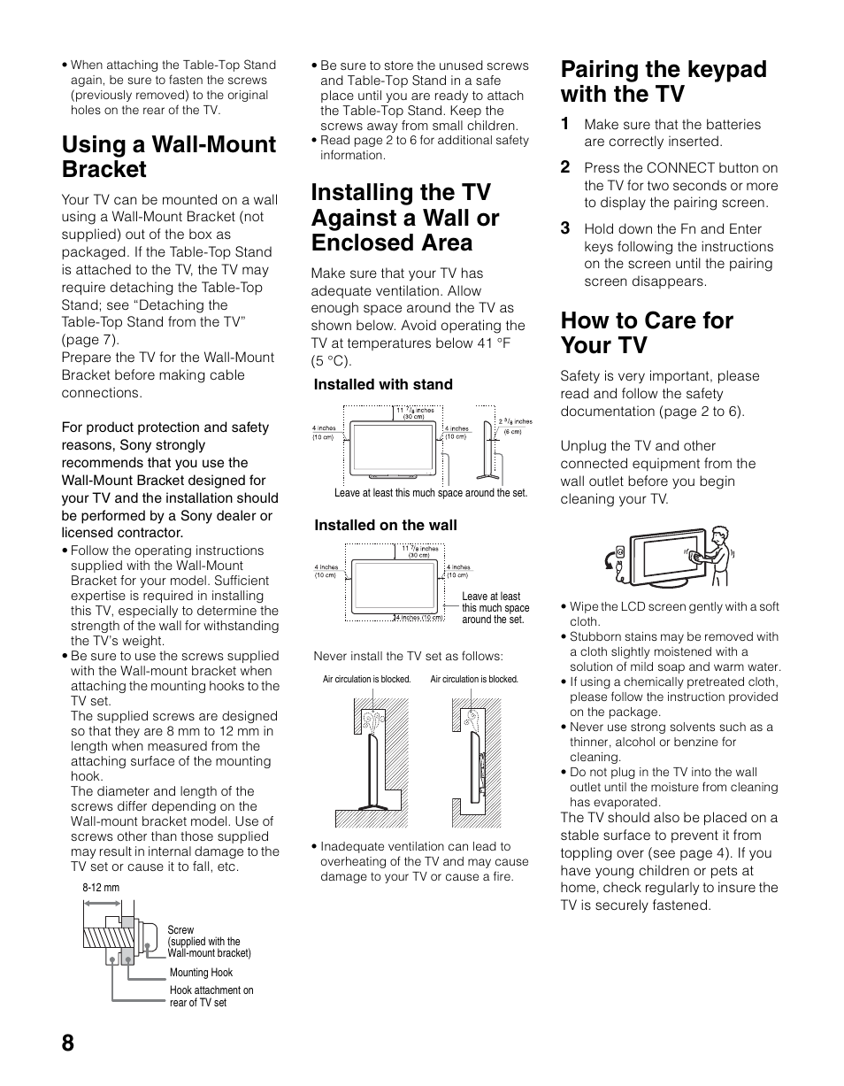 Using a wall-mount bracket, Installing the tv against a wall or enclosed area, Pairing the keypad with the tv | How to care for your tv | Sony NSX-24GT1 User Manual | Page 8 / 12