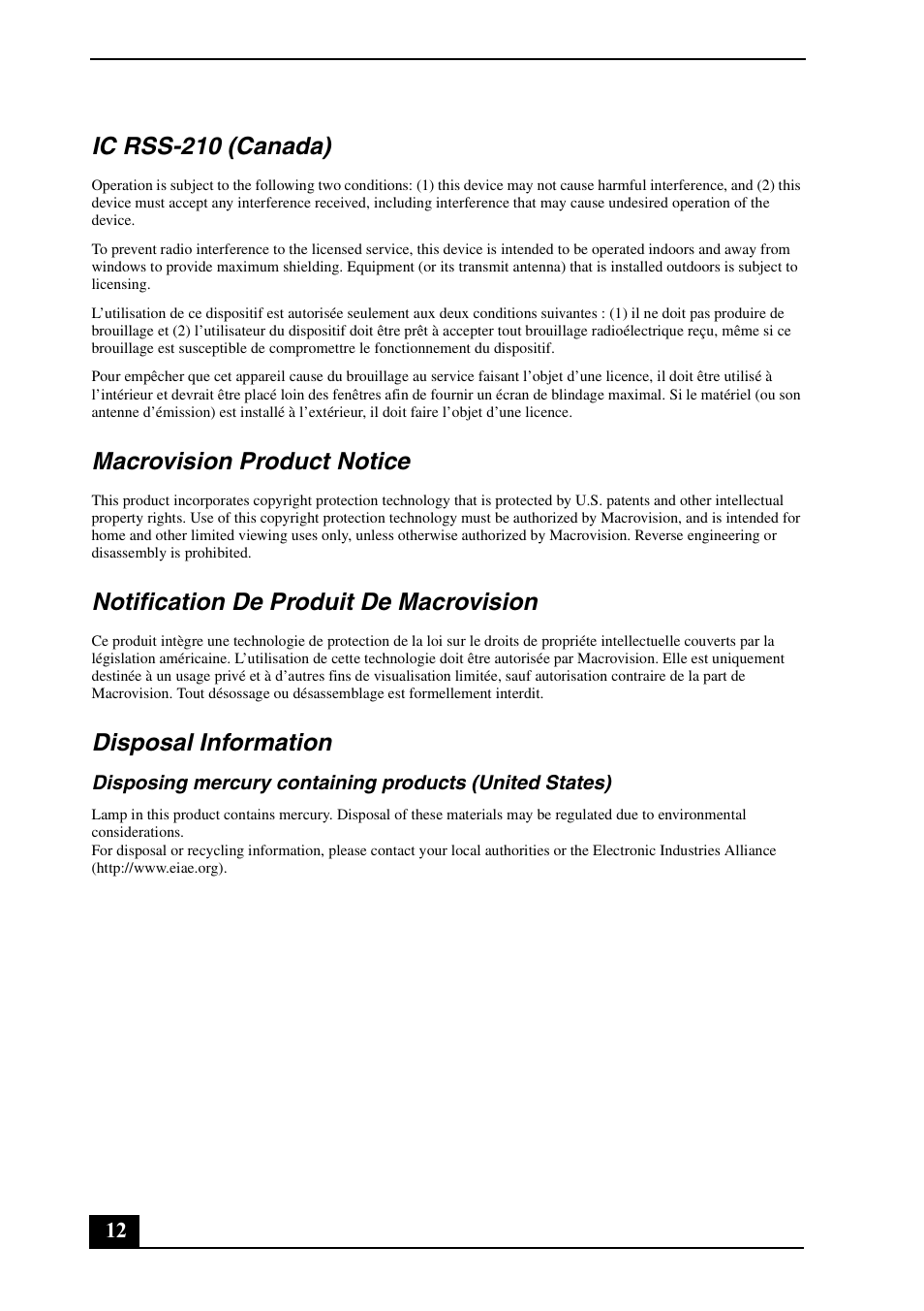 Ic rss-210 (canada), Macrovision product notice, Notification de produit de macrovision | Disposal information | Sony VGN-FZ460E User Manual | Page 12 / 28