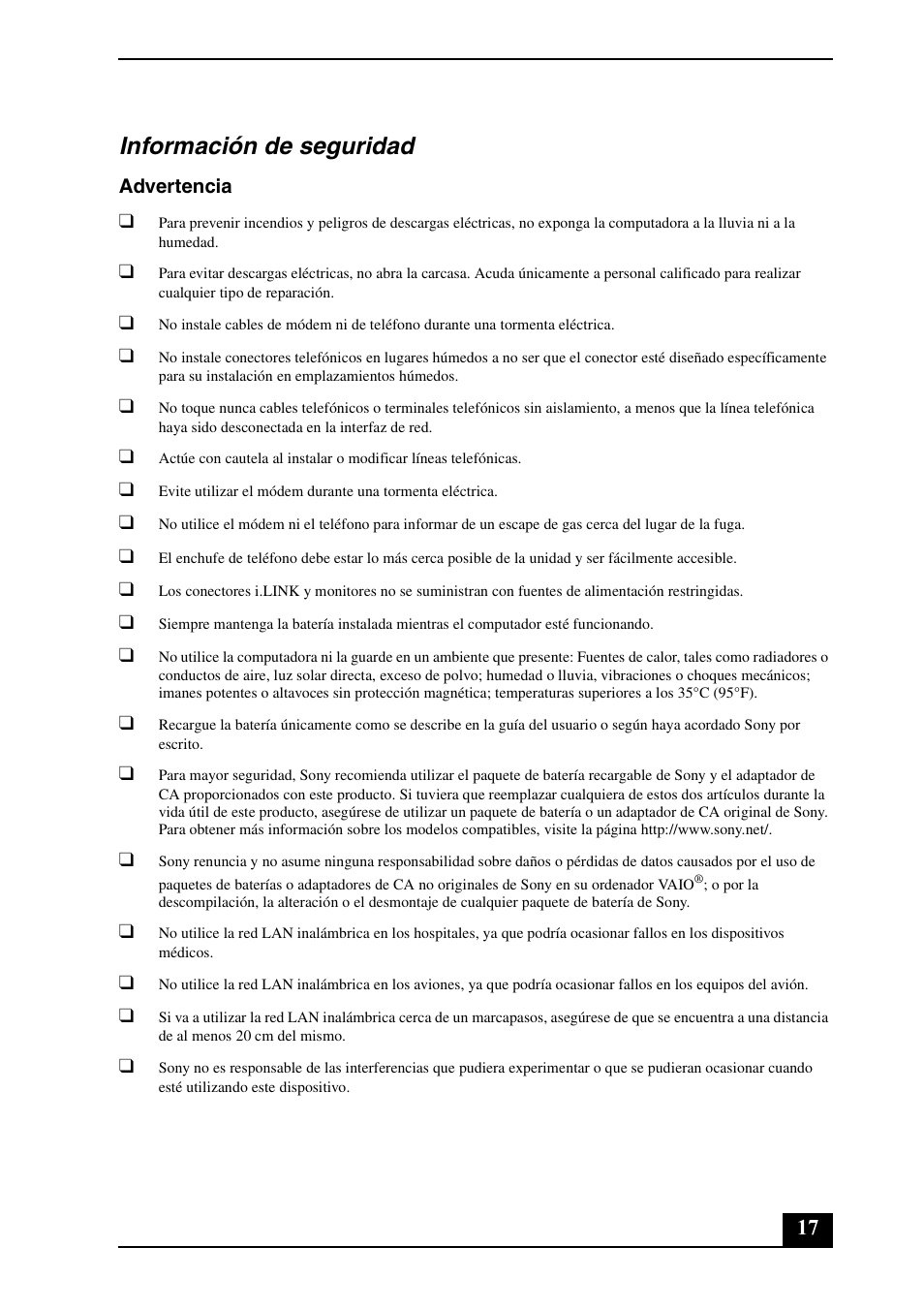 Información de seguridad | Sony VGN-FZ460E User Manual | Page 17 / 28