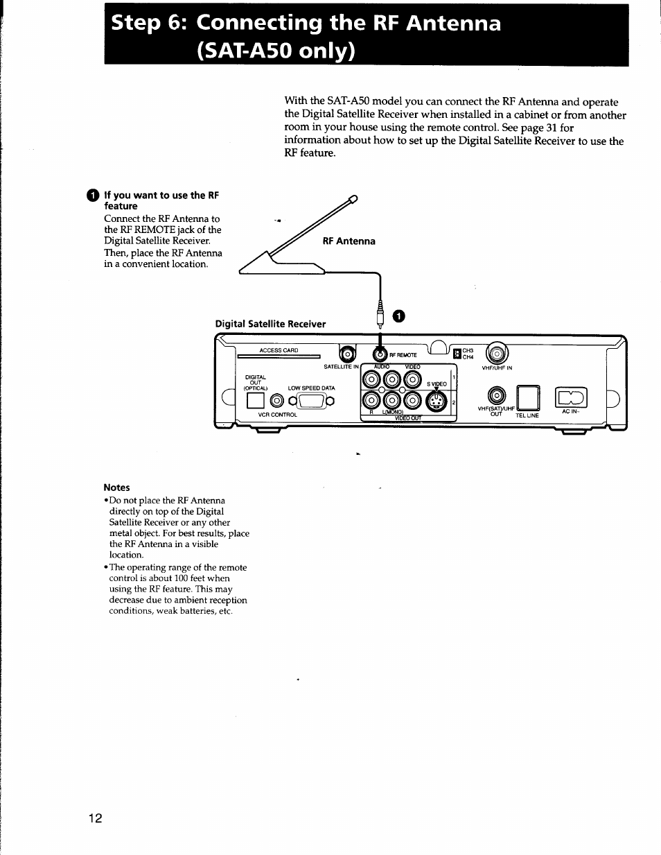 Step 6: connecting the rf antenna (sat-a50 only), Notes | Sony SAT-A50 User Manual | Page 12 / 78