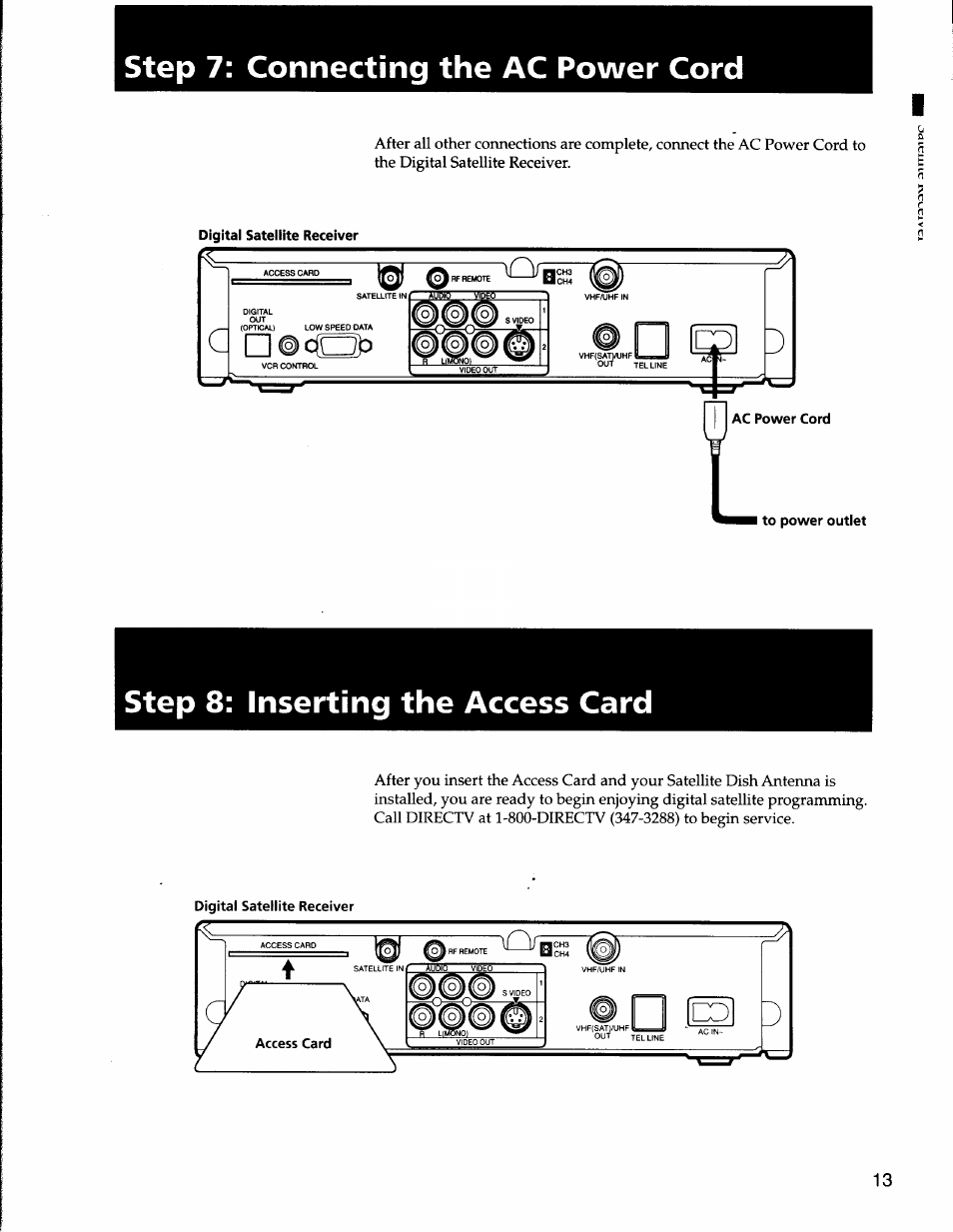 Step 7: connecting the ac power cord, Step 8: inserting the access card | Sony SAT-A50 User Manual | Page 13 / 78