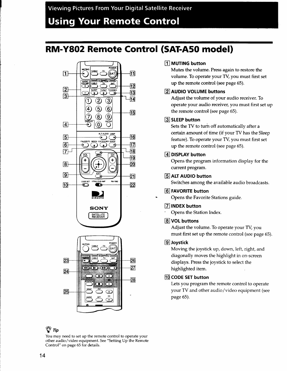 Using your remote control, Rm-y802 remote control (sat-a50 model), D ® 0 ® (d | Sony SAT-A50 User Manual | Page 14 / 78