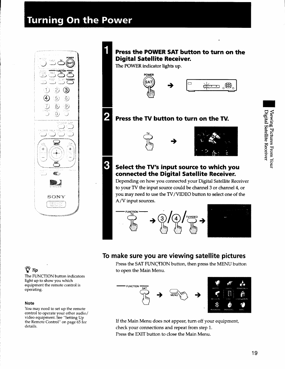 Turning on the power, Press the tv button to turn on the tv, N (b n | Sony SAT-A50 User Manual | Page 19 / 78