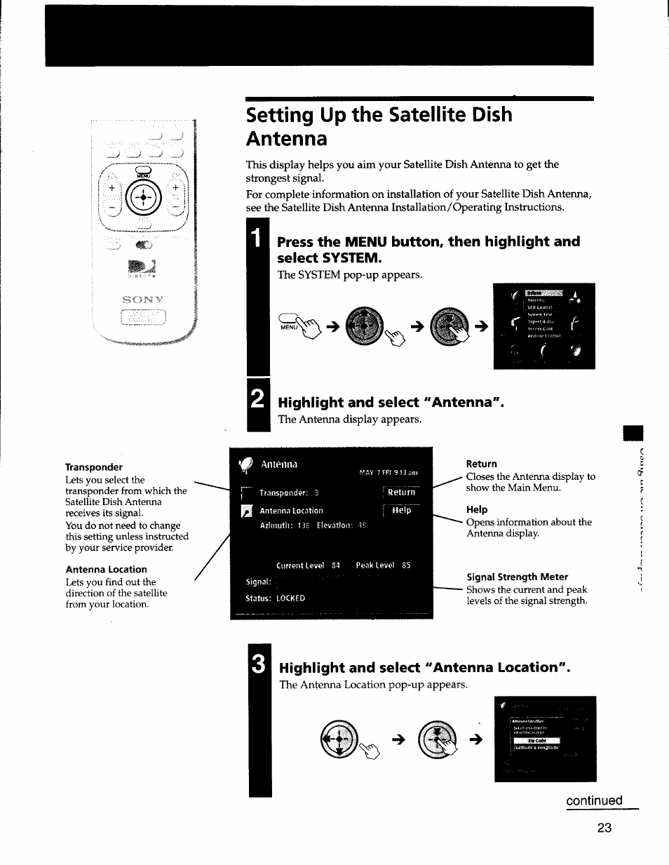 Transponder, Antenna location, Highlight and select "antenna | Return, Help, Signal strength meter, Highlight and select "antenna location, Setting up the satellite dish antenna | Sony SAT-A50 User Manual | Page 23 / 78