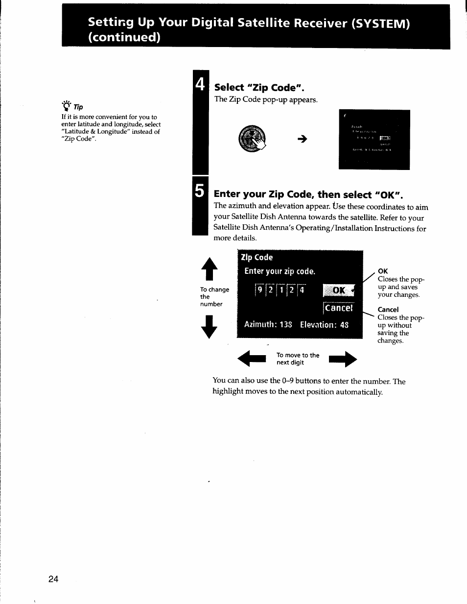 Select "zip code, Enter your zip code, then select "ok, Zip code | Enter your zip code | Sony SAT-A50 User Manual | Page 24 / 78