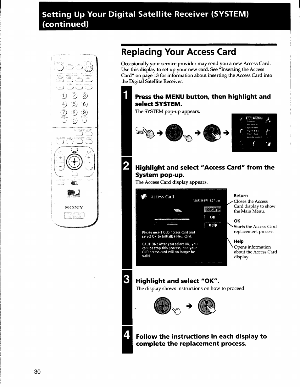 Replacing your access card, Highlight and select "ok | Sony SAT-A50 User Manual | Page 30 / 78