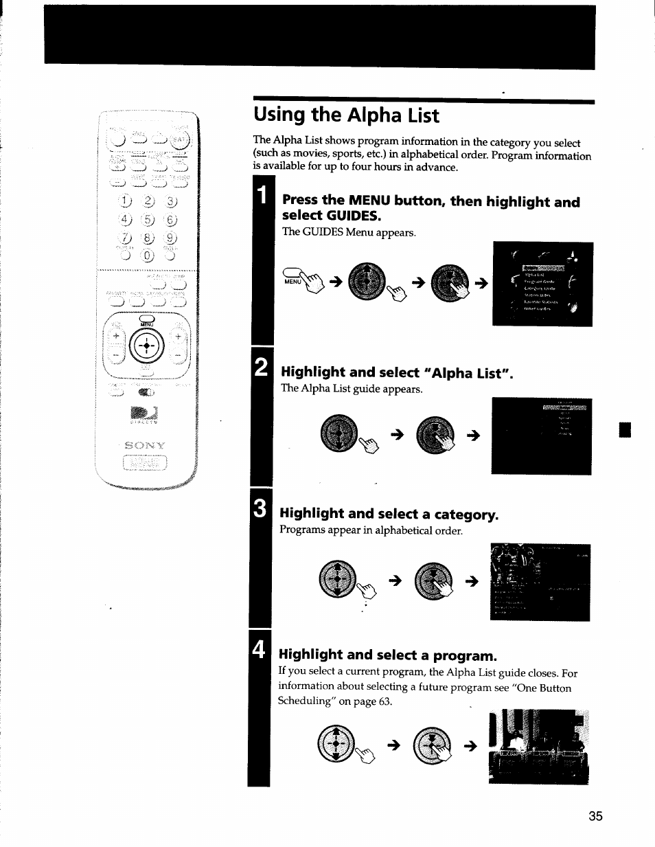 Using the alpha list, Highlight and select "alpha list, Highlight and select a category | Highlight and select a program, T) highlight and select a program | Sony SAT-A50 User Manual | Page 35 / 78